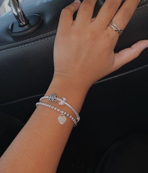 Wrist Accessories Aesthetic, Cute Pandora Jewelry, Pandora Charm Bracelet On Wrist, Pandora Bracelet Charms Aesthetic, Pandora Cute Charms, Pandora Bracelet Aesthetic Silver, Pandora Bracelet On Wrist, Tiffany Bracelet Aesthetic, Pandora Bracelet Ideas Simple