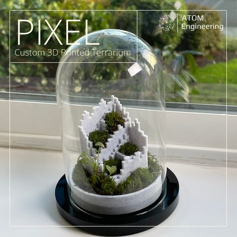 Introducing *PIXEL*    ---  A 3D printable and custom-designed terrarium insert.     Simply print the model then add the organic material of your choice, resulting in whatever theme you're trying to achieve, anywhere from a desert terrarium using sand and cacti to a mossy jungle-themed terrarium.     Printed using Marble Duramic 3D PLA+ 1.75mm filament.    [Purchase Marble Filament Here](https://www.amazon.com/dp/B083J7CYKM?maas=maas_adg_C8B6750C116658BC92D4909898A87D1A_afap_abs&ref_=aa_maas&ref=myi_titl Desert Terrarium, Basic Geometry, Glass Dome Display, 3d Printer Projects, Moss Terrarium, Organic Decor, Garden Bathroom, Engineering Projects, Arduino Projects