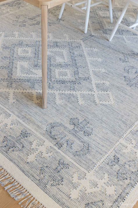 Low pile patterned blue rug in our dining room Light Blue Hand Knotted Rug, Dining Room Rug Blue, Dining Room With Blue Rug, Coastal Rugs Dining Room, Blue Dining Room Rug, Blue And White Rug Living Room, Serena And Lily Alamere Rug, Rugs With Blue Couch, Coastal Dining Room Rug