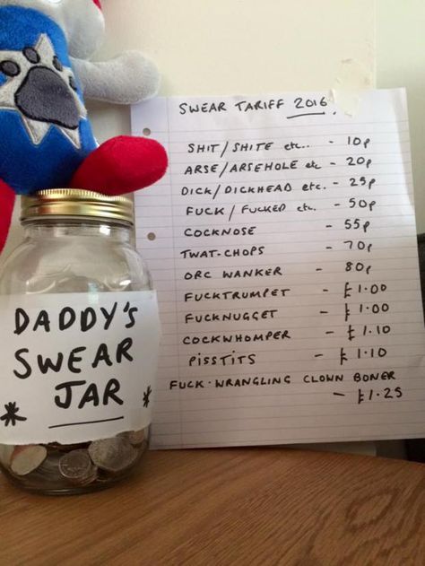 Dad gets given swear jar - he isn't doing too well Swear Jar Ideas, Jar Games, Swear Jar, Swear Words, Swear Word, Jar Ideas, Man Vs, Diy Home Crafts, New Post