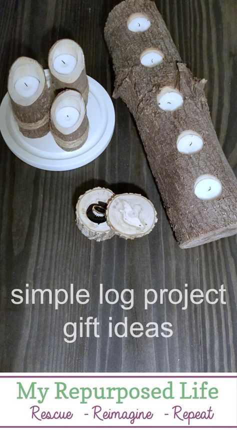 Using tree branches and small logs I made several gifts for friends. Step by step directions so you can make these DIY tree branch projects. #MyRepurposedLife #trees #branch #logs #diy #giftideas Tree Branch Projects, Branch Projects, Diy Tree Branch, Tree Branch Crafts, Log Candle Holders, Log Projects, Branches Diy, Log Candles, Wood Cake Stand