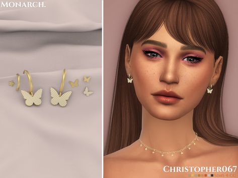 This is a fun set of diamond-studded butterfly hoop earrings with a star tragus piercing, 2 small butterfly helix piercings, and one small butterfly stud earring. Found in TSR Category 'Sims 4... The Sims 4 Accessories, Mods Sims 4, Los Sims 4 Mods, Butterfly Hoop Earrings, Sims 4 Piercings, Mod Earrings, Sims 4 Tsr, The Sims 4 Pc, Helix Piercings