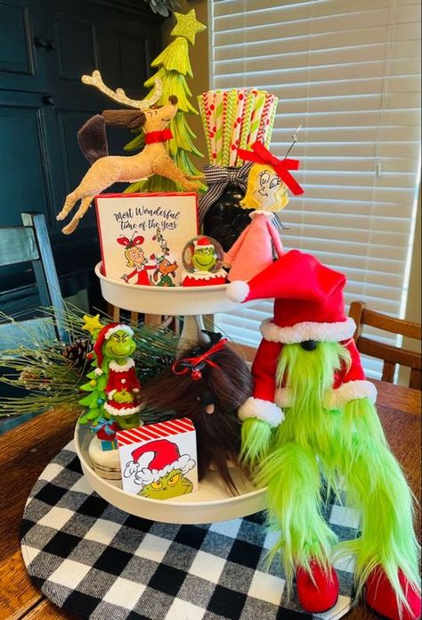 Cheap Kids Christmas Gifts, Grinch House, Themed Christmas Party Ideas, Grinch Themed Christmas Party, Grinch Tiered Tray, Grinch Treats, Grinch Themed Christmas, Whoville Christmas Decorations, Themed Christmas Party