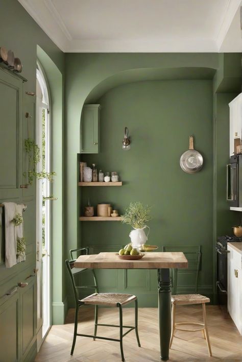 kitchen paint colors, interior paint colors, wall paint ideas, interior design trends Sw Basque Green, Inside Painting Ideas Wall Colors, Green Walls In Kitchen, Jade Walls, Wall Paint Green, Green Walls Kitchen, Green Wall Kitchen, Light Green Kitchen Walls, Kitchen Wall Paint