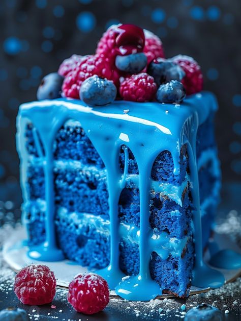 Blue Velvet Cake 💙💎  This Blue Velvet Cake is a unique and stunning dessert with a vibrant blue hue and a delicious flavor similar to red velvet cake.   Ingredients 👌  1 ½ cups (180g) cake flour ½ cup (42g) unsweetened cocoa powder (Dutch-processed or natural) 1 teaspoon baking powder ½ teaspoon baking soda ½ teaspoon salt ½ cup (113g) unsalted butter, softened 1 ½ cups (300g) granulated sugar 2 large eggs 1 teaspoon vanilla extract 1 cup (240ml) buttermilk 1 tablespoon white vinegar Fire And Ice Cake, Ice Birthday Cake, Unique Cake Flavors, Red Velvet Cake Ingredients, Blue Bakery, Blue Velvet Cake, Blue Velvet Cupcakes, Blue Velvet Cakes, Whipped Cream Cheese Frosting