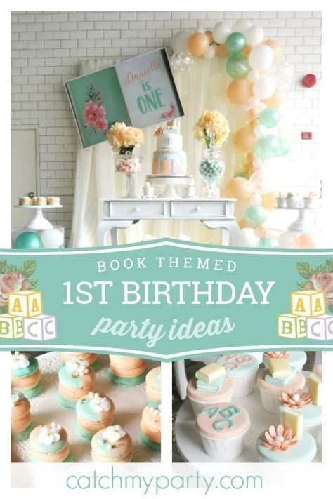 Take a look at this gorgeous book themed 1st birthday party! The cupcakes are adorable! See more party ideas and share yours at CatchMyparty.com #catchmyparty #partyideas #books #girlbirthdayparty Books Theme Party Decorations, Books First Birthday Party, Books Theme Birthday Party, Story Book 1st Birthday, Book Theme 1st Birthday Party, Storybook Birthday Party Ideas, Clever First Birthday Theme, Book Themed First Birthday Girl, Storybook Theme Birthday Party