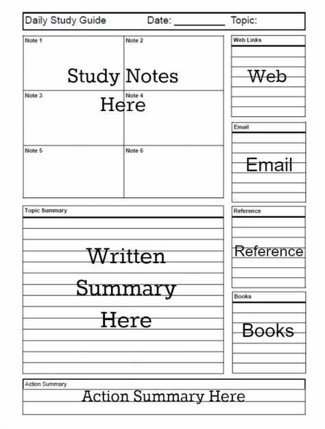 daily-study-guide Study Guide Template, College Printables, Note Taking Tips, Summary Writing, Cornell Notes, Guide Template, Study Techniques, Study Hacks, Study Methods