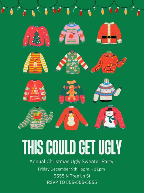 Ugly Christmas Sweater Party Digital Invite.  Easy download, editable invite. Ugly Sweater Party Invitation, Ugly Sweater Party Invite Template, Swanky Christmas Party, Ugly Christmas Outfit Ideas, Ugly Sweater Christmas Party Ideas, Ugly Sweater Party Decorations, Engagement Committee, Angel Kitchen, Ugly Xmas Sweater Party