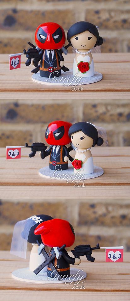 Deadpool groom and Bride by Genefy Playground https://www.facebook.com/genefyplayground Deadpool Wedding Theme, Deadpool Wedding, Marvel Wedding, Comic Book Wedding, Lego Wedding, Nerd Wedding, Superhero Wedding, Geeky Wedding, Nerdy Wedding