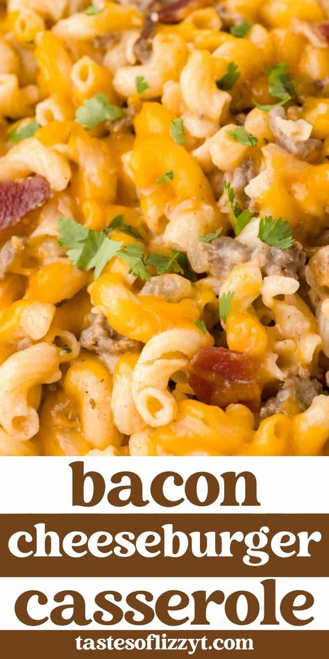 This comforting Bacon Cheeseburger Casserole takes just 20 minutes to prep. Perfect for busy weeknights, this family-favorite dish blends the classic flavors of a juicy bacon cheeseburger with the heartiness of a casserole. Hamburger Bacon Casserole, Leftover Bacon Recipes Dinners, Bacon Main Dish Recipes, Baked Bacon Cheeseburger Mac And Cheese, Hamburger Bacon Recipes, Loaded Bacon Cheeseburger Pasta, Bacon Cheese Burger Casserole, Recipes With Bacon, Cheeseburger Mac And Cheese