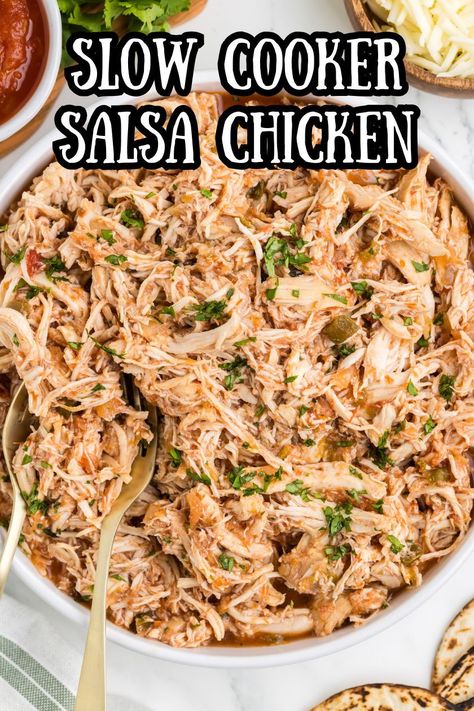 If you're looking for healthy slow cooker recipes, you have to try this 2 ingredient Crock Pot Salsa Chicken! Naturally low carb and gluten free, this pulled chicken can be added to tacos, salads, rice bowls, and more! Perfect for healthy meal prep, busy weeknights, or even freezer meal prep! You'll want to make this easy crock pot dinner over and over again! Crock Pot Salsa Chicken, Crock Pot Salsa, Salsa Chicken Crockpot, Gluten Free Crock Pot Recipes, Slow Cooker Salsa Chicken, Slow Cooker Salsa, Salsa Chicken, Slow Cooker Dinner, Healthy Slow Cooker