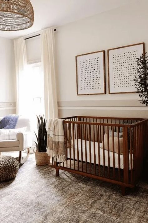 Nursery With Windows On Two Walls, Brown Furniture Nursery, Trending Nursery Themes 2024, Modern Nursery Ideas Gender Neutral, Nursery Ideas Neutral Modern, Modern Organic Nursery, Modern Baby Room Ideas, Brown Crib Nursery, Scandinavian Nursery Ideas