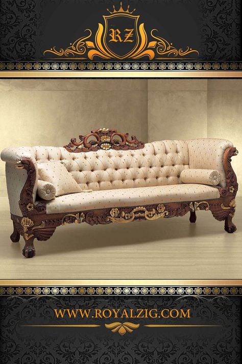 European Style High Carving Sofa Made From Grade 1 Teak Wood Sturdy And Durable. 100% Hand Carved, Beautiful Carving Design Sofa. Walnut Color With Golden Highlights Apply On Carving. Matt Finish. Size: Length 90″ x Depth 31″ x Height 40″. Beautiful Fabric Upholstered Sofa. Tufted Backrest With High Carving Crown Sofa. The peacock design is made on the front legs. #europeanstylesofaset #highcarvingsofaset #naturalsofaset #teakwoodsofa #maharajastylesofa #tuftedsofa #hugesofa #buycarvedfurniture. French Style Sofa Set, Royal Furniture Sofa, Royal Sofa Design, French Style Sofa, Bedroom Sets Furniture King, Classic Sofa Sets, Carved Sofa, Unique Sofa, Luxury Sofa Living Room