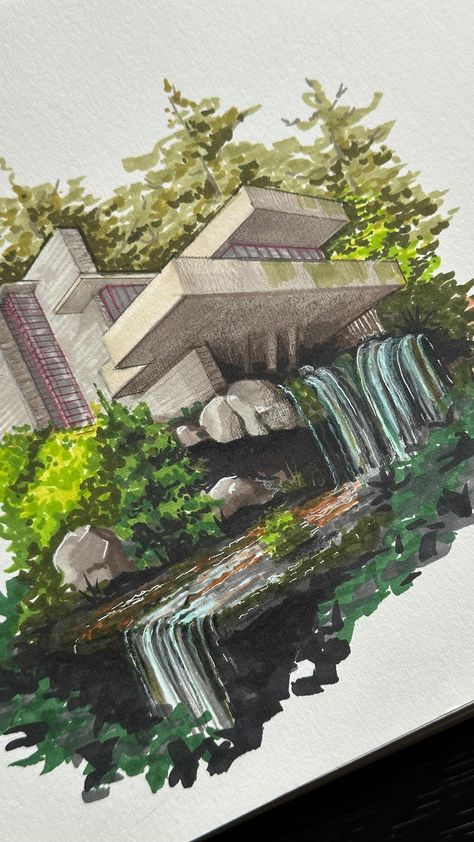 Andrea Da Rocha | trying color combinations 🌿🍂🌱🍁☘️🍃🍂🍀🍁🌱🍃🍁🍀🍃 . . . . . . . . . . . . #archistudents #architecturesketches #architecturedesign… | Instagram Marker Architecture, Markers Drawing Architecture, College Help, Models Architecture, Falling Water House, Concept Models Architecture, Falling Water, Water House, Architecture Drawing Art