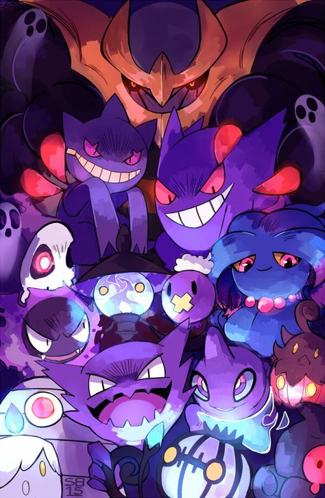 Ghost type gang! Giratina Pokemon, Pokemon Flareon, Dark Pokémon, Ghost Type Pokemon, Pokemon Halloween, Ghost Pokemon, Pokemon Blue, Pokemon Poster, Pokemon Backgrounds