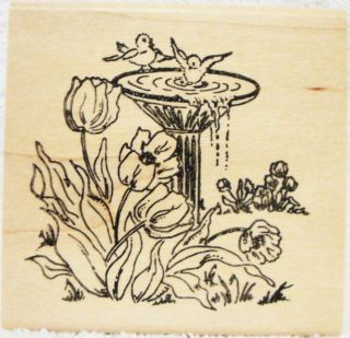 Impressions rubber stamp Birdbath And Tulips Birds Flowers Nature Vintage Art Tattoo, Birdbath Tattoo, Bird Bath Tattoo, Vintage Inspired Tattoos, Flower Art Tattoo, Goblincore Tattoo, Cottage Core Tattoos, Spring Tattoo, 동화 삽화