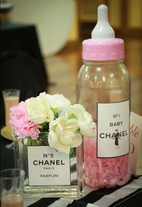 Pink baby bottles at a Coco Chanel baby shower party! See more party planning ideas at CatchMyParty.com! Chanel Party Ideas, Paris Baby Shower Theme, Chanel Baby Shower, Coco Chanel Party, Baby Chanel, French Baby Shower, Paris Baby Shower, Trendy Baby Shower Themes, Wedding Shabby Chic