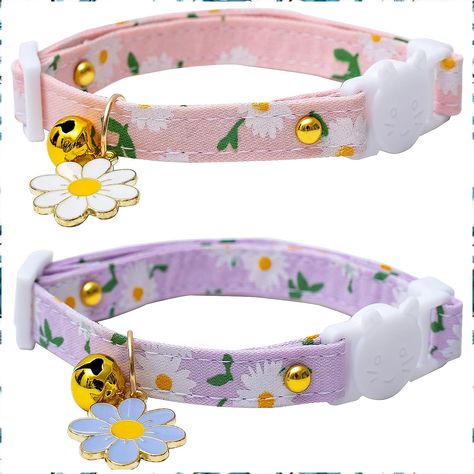 2 Pack Cotton Breakaway Cat Collars with Bell Flower Pendant Kitty Kitten Collars Pink Purple Collar for Female Girl Cats Mal Fancy Cat Collar, Collar Accessory, Cat Tags Collar, Kitty Room, Collar Accessories, Kitten Collars, Boy Cat, Purple Collar, Daisy Charm