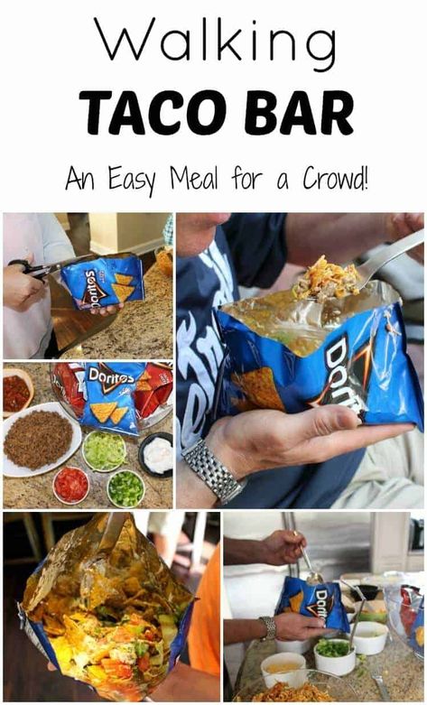 Meal For A Crowd, Walking Taco Bar, Taco Bar Party, Walking Taco, Walking Tacos, Taco Ingredients, Vacation Meals, Taco Party, Taco Bar