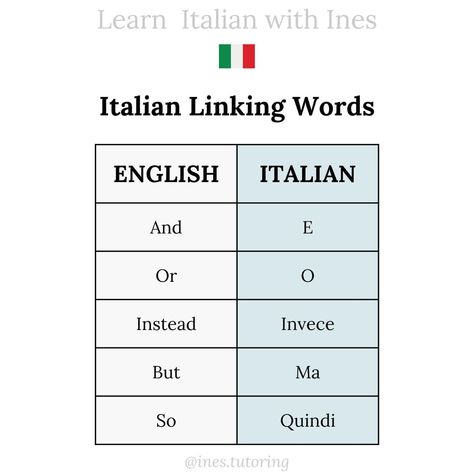 Italian Language Learning Tips, English To Italian Words, Italian Learning, Italian Verbs, Linking Words, Italian Grammar, Italian Vocabulary, Learning Languages Tips, Learn Another Language