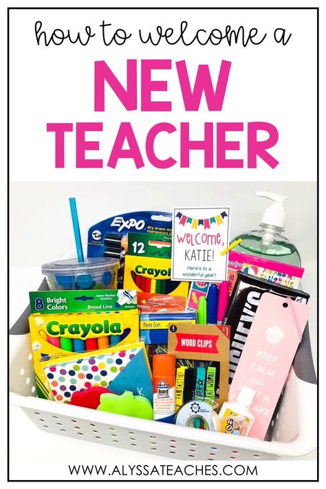 Are you a mentor teacher wondering how to welcome a new teacher to your team this school year? Click through for some ideas! New Teacher Welcome Basket, Student Teacher Welcome Gift, Teacher Welcome Gifts, First Year Teacher Gifts, Welcome Basket Ideas, Welcome New Teachers, Mentor Teacher Gifts, Teaching Gifts, Decorating Classroom