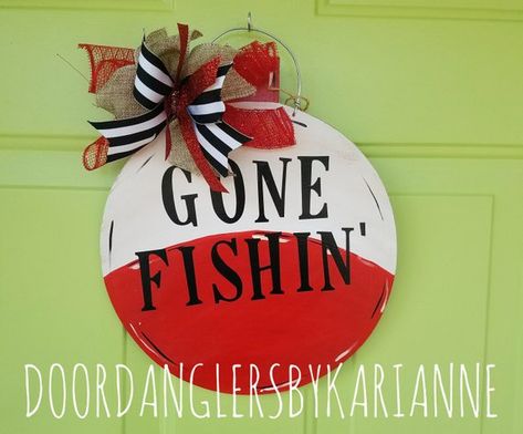 Fishing Bobber Door Hanger -- Gone Fishin', Nursery, Bedroom Decor, Kid's Room, Patio Decor, Father' Fishing Door Hanger, Circle Signs, Fishing Umbrella, Door Signs Diy, Wood Wreath, Fishing Bobber, Fishing Signs, Summer Door Hanger, Long Lake