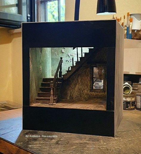 Andreas Rousounelis, Halloween Diorama, Room Box Miniatures, Bookshelf Art, Haunted Dollhouse, Shadow Box Art, Miniature Rooms, Art Folder, Miniature Diy