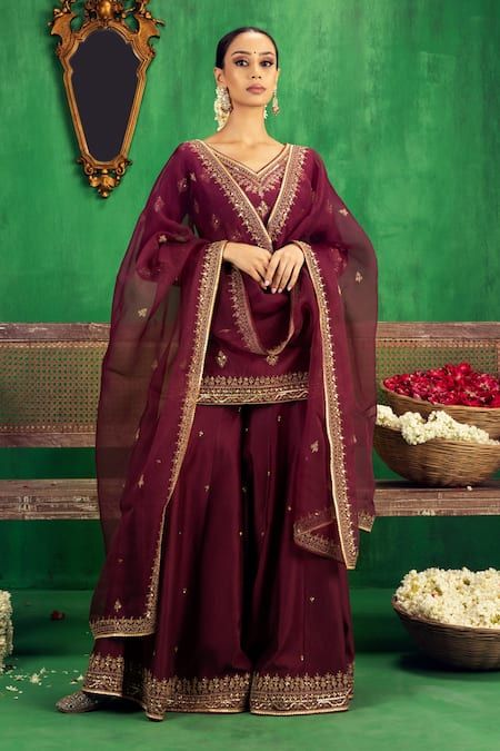 Buy Wine Chanderi Embroidery Dori Broad V Neck Kurta Sharara Set For Women by Jigar Mali Online at Aza Fashions. Broad V Neck, Simple Engagement Dress, V Neck Kurta, Indian Dress Up, Sharara Designs, Wine Colored Dresses, Kurta Sharara Set, Kurta Sharara, Indian Outfits Lehenga