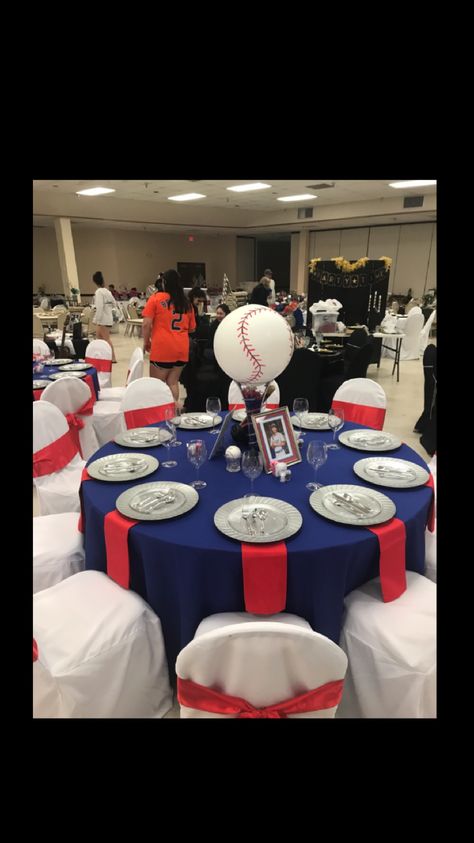 Senior Serve Table, Senior Serve Table Themes, Senior Serve Table Ideas, High School Fundraiser, Sports Centerpieces, Senior Graduation Party, Circle Table, Baseball Birthday Party, Senior Graduation