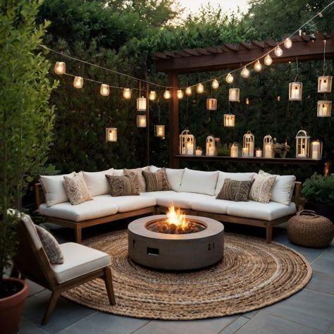 Circular Fire Pit, Wooden Privacy Screen, Gazebo Ideas Backyard, Fence Landscaping Border Backyard Ideas, Comfortable Sectional Sofa, Privacy Planter, Diy Privacy Screen, Diy Outdoor Seating, Garden Privacy Screen