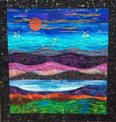 Northern Lights Quilts, Moonlight Landscape, Seascape Quilts, Quirky Quilts, Pictures Landscape, Camping Quilt, Collage Landscape, Log Cabin Quilt Pattern, Landscape Art Quilts