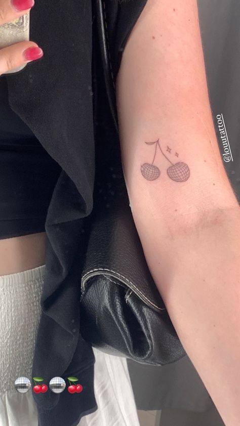 #tattoo #inspiration #cherry #disco #hs #cherrytattoo #discotattoo #tattooideas #instagram #instastory Cherry Mirrorball Tattoo, Mini Disco Ball Tattoo, Disco Cherry Tattoo, Disco Ball Cherry Tattoo, Cherry Disco Ball Tattoo, Tiny Disco Ball Tattoo, Disco Tattoo, Tat Sleeve, Cherry Disco Ball