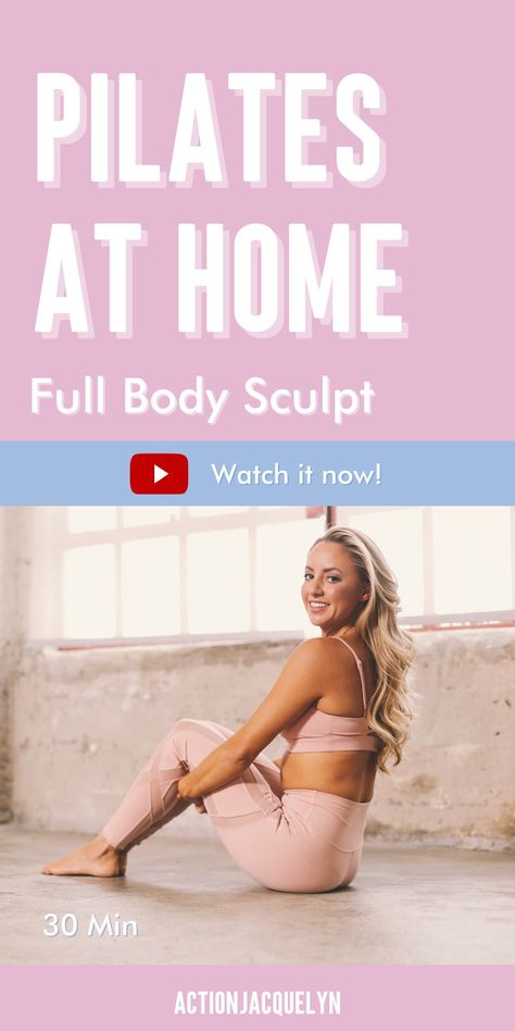 A Full Body Pilates Sculpt workout that will lean out and tone your muscles from head to toe in 30 minutes. Each slow-controlled movement will teach you how to burn fat from home, tighten your core, improve balance, and strengthen your entire body. Option to add a set of light hands weights for an extra calorie burning! Mine are each 3 lbs. + Follow me for more videos! Action Jacquelyn Pilates Sculpt, Action Jacquelyn, Sculpt Workout, Full Body Pilates, Body Sculpting Workouts, How To Burn Fat, Pilates At Home, Pilates Videos, Easy At Home Workouts