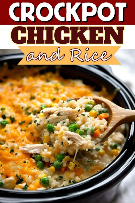 Looking for an easy dinner? This Crockpot chicken and rice can't be topped! It's creamy, hearty, satisfying, and comes together in a snap! Low Ingredient Chicken Crockpot Recipes, 3 Hour Chicken Crockpot Recipes, One Pot Crockpot Meals Chicken, Crockpot Rice A Roni And Chicken, Best Chicken Crockpot Meals, Chicken And Pepper Recipes Crock Pots, Chicken And Rice A Roni Crockpot, Easy Crockpot Recipes With Frozen Chicken, Knorr Chicken And Rice Crockpot