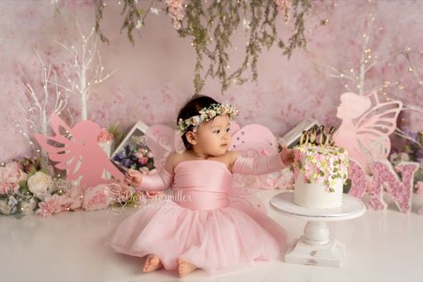 Little Girl Fairy Cake Smash Princess Smash Cakes, Photo Shoots Birthday, Fairy Theme Birthday Party, Fairy Birthday Cake, Cake Smash Theme, Cake Smash Outfit Girl, Fairy Photoshoot, Fairy Garden Birthday Party, Smash Cake Girl