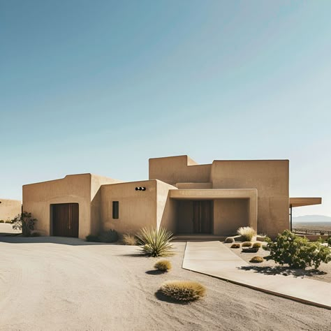 Discover the sleek elegance of this minimalist Pueblo-style home. With smooth, earth-toned adobe walls and clean geometric lines, this residence exemplifies modern Southwestern architecture. Flat roofs and contemporary design enhance the streamlined aesthetic, while the subtle desert landscaping with natural elements creates a serene and harmonious connection to its surroundings. This house offers a peaceful and stylish retreat in the heart of the desert. Dessert Style Homes, Dessert Modern House, Minimalist Desert Home, Desert Modern Living Room, Arid Architecture, Desert Style Home, Pueblo Architecture, Southwestern Architecture, Desert Modern House