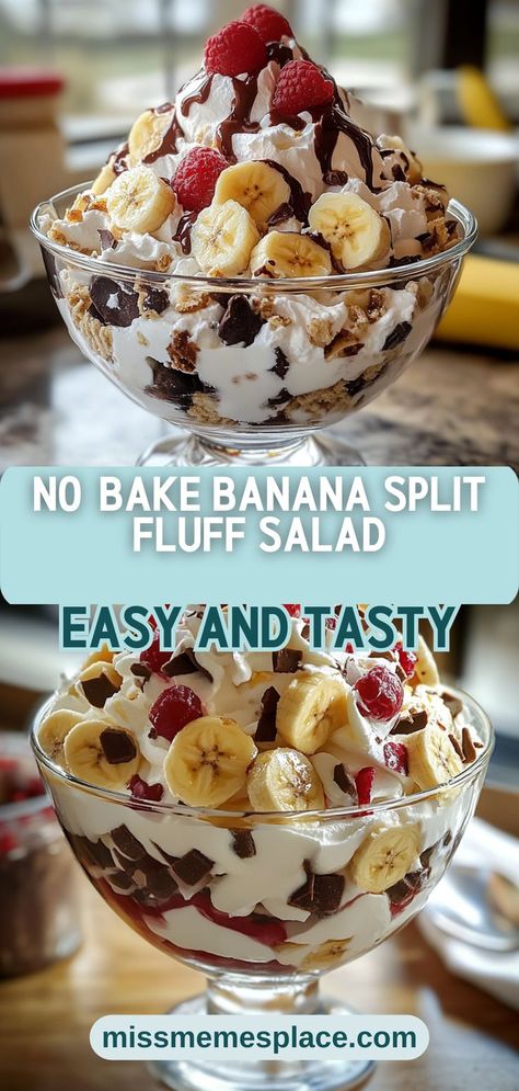 Satisfy your sweet tooth with this No-Bake Banana Split Fluff Salad that’s perfect for any occasion! This delightful recipe blends the classic flavors of a banana split into a creamy, fluffy salad everyone will love. Featuring ripe bananas, luscious whipped topping, and a drizzle of chocolate syrup, it's a fantastic way to celebrate summer gatherings. Plus, it’s incredibly simple to make—just combine ingredients and let the fridge do the rest. Enjoy a refreshing dessert that’s sure to impress! Easy Fruity Desserts, Fluffy Salad, Banana Split Fluff Salad, Banana Split Fluff, Refreshing Dessert Recipes, Banana Split Bites, Breakfast Banana Split, Banana Split Recipes, Fluff Recipes