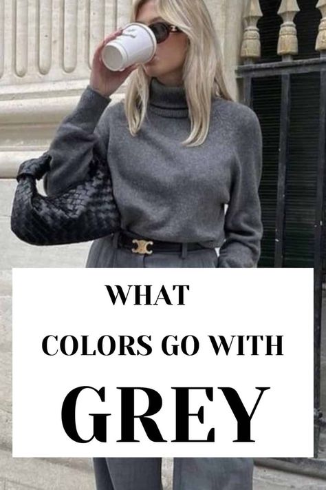 One Color Palette Outfits Grey Heels Outfit Dressy, Dark Gray Blouse Outfit, Gray Blazer With Jeans Outfit Women, Gray Pant Suit Women, Dark Grey Work Pants Outfits, What To Wear With Gray Pants To Work, Gray Sweater Outfit Women, Gray Color Palette Outfit, Colors Matching Grey