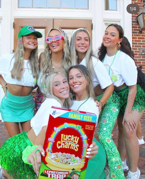 Lucky Charm Halloween Costume, Lucky Charms Bid Day Outfits, Lucky Charms Halloween Costume, Lucky Charms Outfit, Lucky Charms Costume, Sorority Costumes, Lucky Charms Leprechaun, Sorority Recruitment Themes, St Pattys Day Outfit