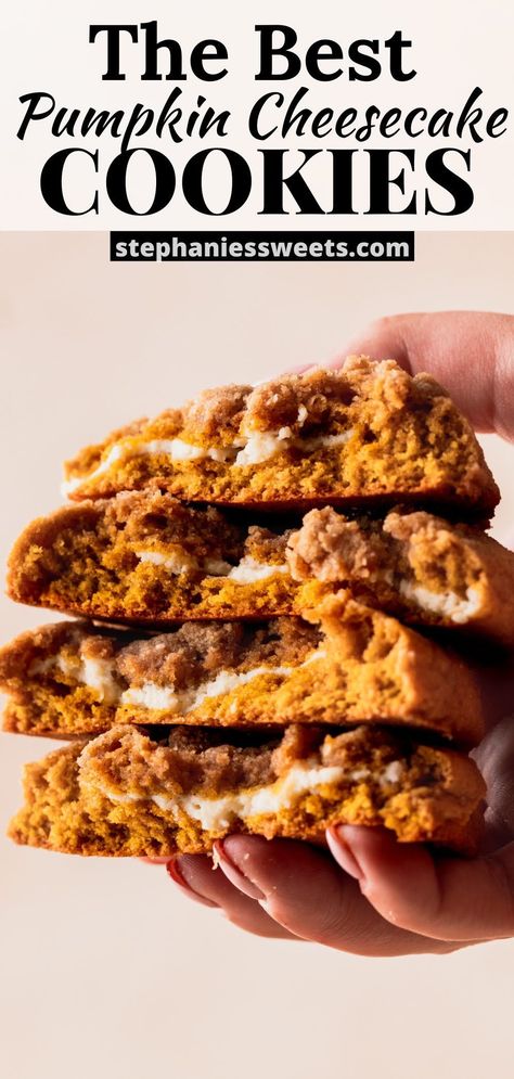 Molten Pumpkin Cheesecake Cookies, Cream Cheese Stuffed Pumpkin Cookies, Pumpkin Pie Streusel, Pumpkin Cheesecake Cookies Recipe, Best Pumpkin Cookies, Cookie Pops Recipe, Easy Pumpkin Recipes Desserts, Pumpkin Cheesecake Cookies, Soft Pumpkin Cookies