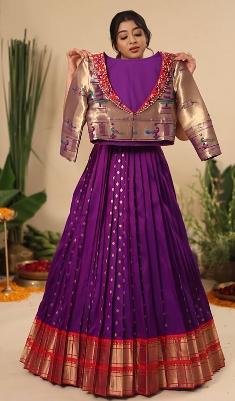 Paithani Ghagra, Paithani Dress Designs For Women, Paithani Ghagra Choli, Paithani Saree Dress, Sadi Dresses Design, Paithani Dress Pattern, Back Gala Design, Paithani Dress Designs, Paithani Saree Dress Gowns