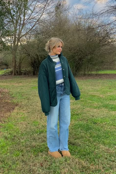 Burnt Sage Jacket curated on LTK Forest Green Jacket Outfit, Cute Winter Outfits Outdoor, Midwest Casual Outfits, Midwest Style Outfits, Fleece Zip Up Jacket Outfit, Hot Springs Outfit Winter, How To Style Green Jacket, Green Jean Jacket Outfit, Corduroy Puffer Jacket Outfit