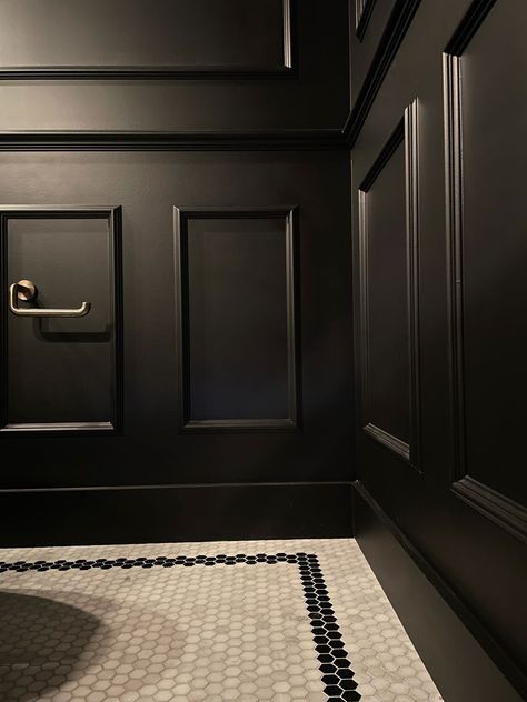 Marble Half Bathroom, Half Bathroom Ideas Black, Half Painted Wall Bathroom, Bathroom Half Tiles Half Paint, Tile Half Bathroom, Painted Wall Bathroom, Black Wainscoting Bathroom, Half Tiled Bathroom Walls, Gold And Black Bathroom