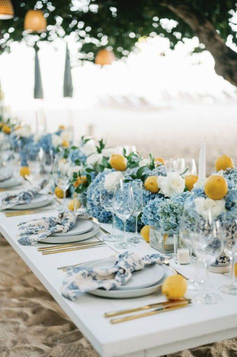 Italian Wedding Theme Amalfi Coast, Amalfi Centerpiece, Almafi Wedding Theme, Blue Tiles And Lemons Theme, Amalfi Style Wedding, Bridal Shower Amalfi Coast, Amalfi Coast Rehearsal Dinner, Amalfi Coast Floral Arrangements, Capri Wedding Decor