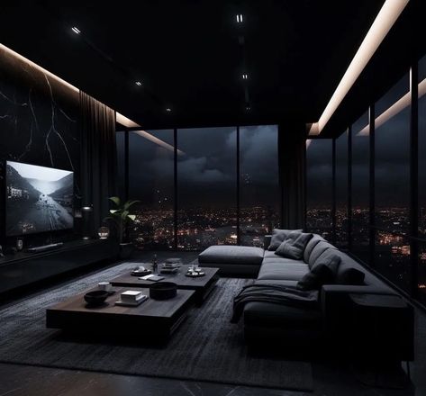 Penthouse Living Room Dark, Taekook Fanfiction, Modern Penthouse Apartment, Penthouse Living Room, Luxury Living Room Inspiration, Modern Penthouse, Black Living Room Decor, Condo Living Room, Dark Home Decor