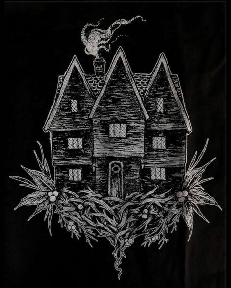 Witch House~ Black Veil Tattoo Witch House Tattoo, Practical Magic House Tattoo, Gothic House Tattoo, Salem Witch House Tattoo, Witch House Drawing, Salem Witch Tattoo, Black Veil Tattoo Salem, Creepy House Tattoo Design, Black Veil Tattoo