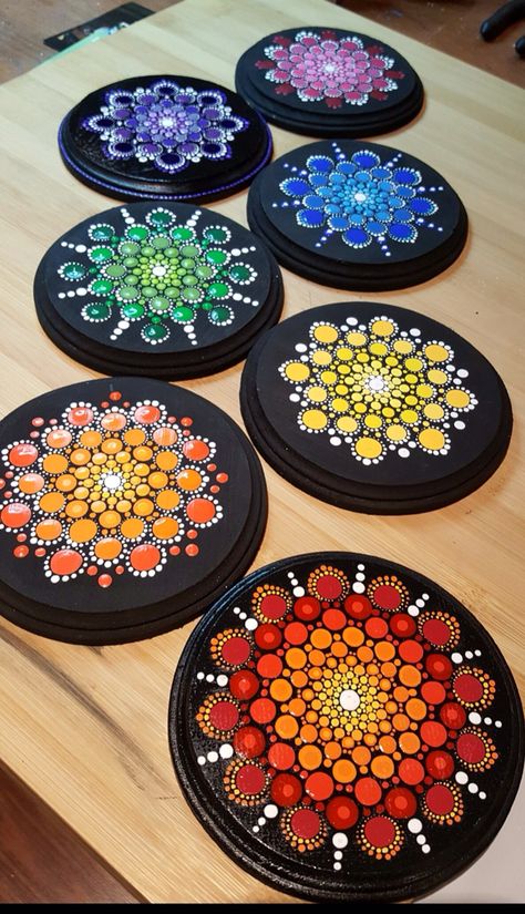 . Circle Dot Mandala, Mandala On Coasters, Dot Painting On Rocks Easy, Chakra Dot Mandala, Mandala Coasters Wood, Dot Mandala On Coaster, Mandala Coasters Painted, Dot Painting Coasters, Dot Mandala Coasters