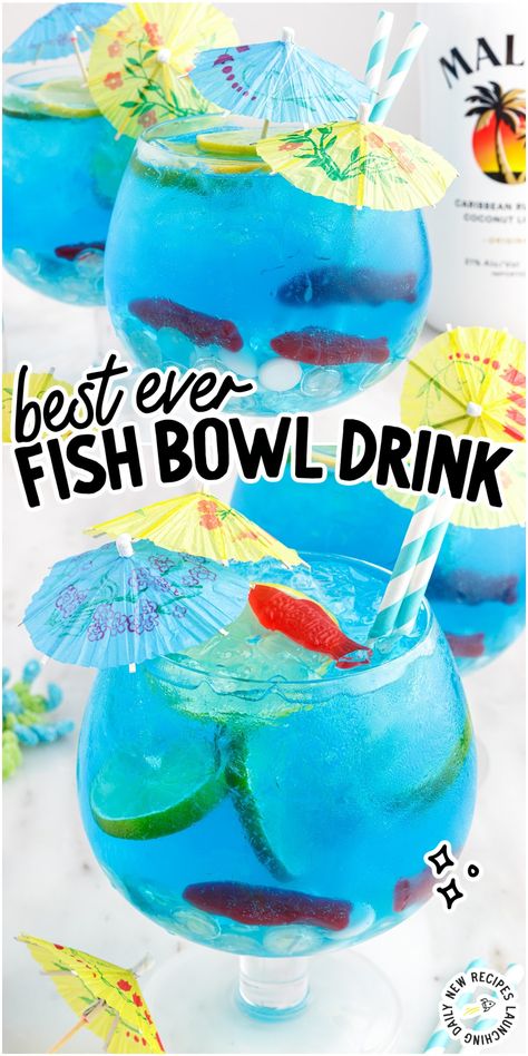 This trendy fish bowl drink is a super fun cocktail that’s refreshing and fruity. Combining blue curacao, coconut rum, vodka, and fizzy lemon-lime soda gives this drink a delicious flavor and vibrant blue hue that’s the perfect home for the candy fish swimming around.