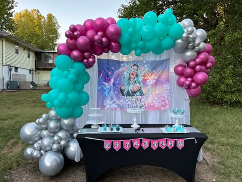 Karol G inspired Balloon garland #bichota #karolg #badbunny #ocean #teal Karol G Bachelorette, Bichota Party Theme, Bichota Birthday Party, Karol G Theme Party, Karol G Party Theme Ideas, Karol G Bday Theme, Karol G Birthday Theme Ideas, Karol G Birthday Theme, Karol G Cake