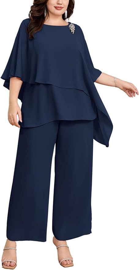 Hanna Nikole Plus Size Mother of Bride Pant Suits 2 Piece Chiffon Sets Ruffle Layers Wedding Guest Outfit.#ad Wedding Pant Suits For Women, Plus Size Mother Of Bride, Plus Size Wedding Guest Outfits, Plus Size Pant Suits, Plus Size Wedding Guest Outfit, Mother Of The Bride Plus Size, Wedding Pantsuit, Wedding Pants, Pant Suits For Women